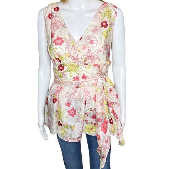 Vintage Faux Wrap Floral Print V-Neck 100%Silk Peplum Hem Top Size Small - Picture 4 of 14